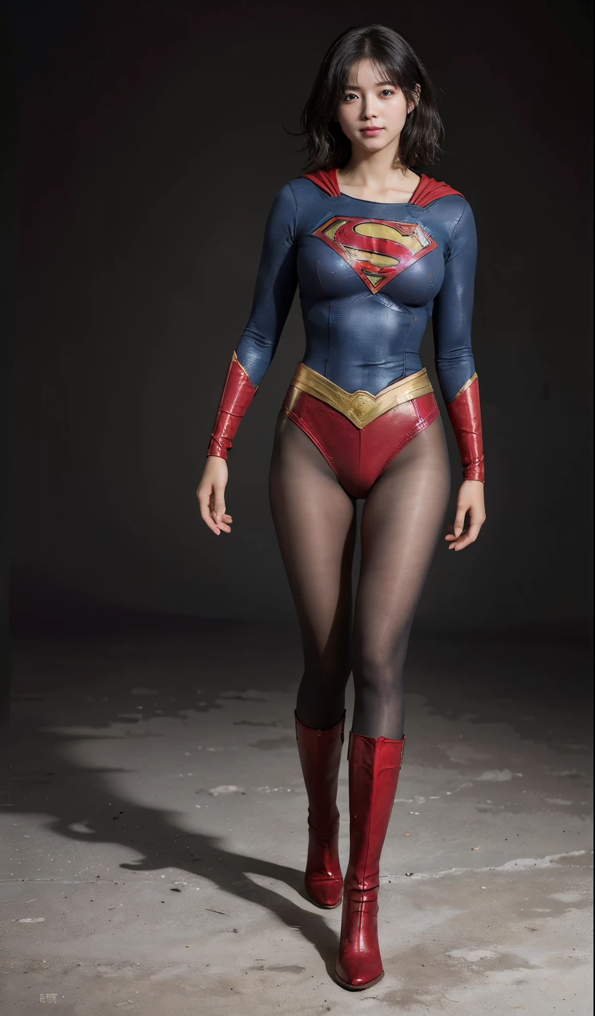 No background、(((Beautiful legs in black tights.)))、(((Legally express the beauty of your smile)))、((((Make the most of your original images)))、(((Supergirl Costume)))、(((Beautiful Hair)))、(((Smiles and winks)))、(((Please wear black tights....、Wear red boots)))、((Best image quality、8k))、((highest quality、8k、masterpiece:1.3))、(((Preserve background )))、Sharp focus:1.2、Beautiful woman with perfect figure:1.4、Slim Abs:1.2、Wet body:1.5、Highly detailed face and skin texture、8k