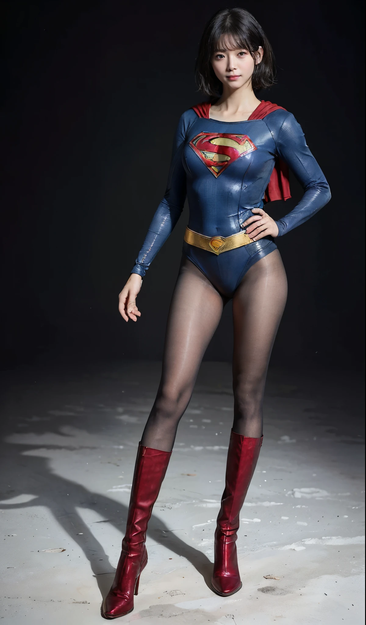 No background、(((Beautiful legs in black tights.)))、(((Legally express the beauty of your smile)))、((((Make the most of your original images)))、(((Supergirl Costume)))、(((Beautiful short bob hair)))、(((suffering)))、(((Please wear black tights....、Wear red boots)))、((Best image quality、8k))、((highest quality、8k、masterpiece:1.3))、(((Preserve background )))、Sharp focus:1.2、Beautiful woman with perfect figure:1.4、Slim Abs:1.2、Wet body:1.5、Highly detailed face and skin texture、8k