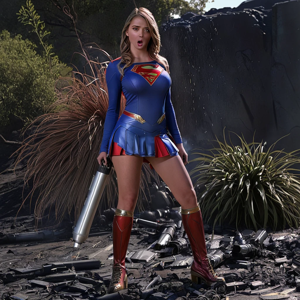 (Show all of Super Girl, head to toe, full body portrait) (best quality,4k,highres,masterpiece:1.2),ultra-detailed,realistic,portraits,vivid colors,dramatic lighting,Supergirl,annoyed,tattered uniform (scorched, many holes) ,ragged uniform,smoking crater,offended,shocked, (Subject 2: attackeralien robot gorilla, rocket launcher) Please make sure your output is separated by commas.","Separated。The following is an example for reference： ``` (best quality,4k,highres,masterpiece:1.2),ultra-detailed,realistic,portraits,vivid colors,dramatic lighting,Supergirl,annoyed,tattered uniform,ragged uniform,smoking crater,offended,shocked, (subject 2: attacker alien robot gorilla, rocket launcher)