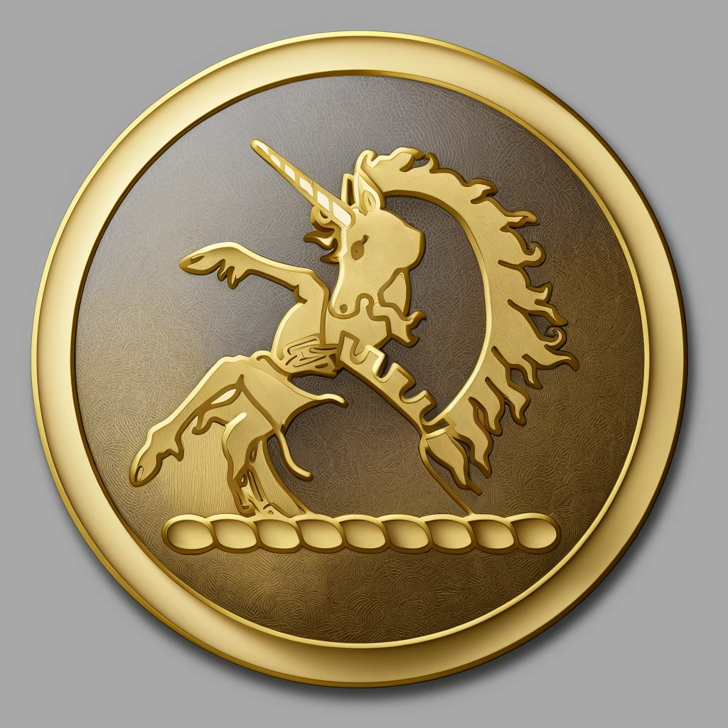 A gold button with a motif created using a press mold, featuring a carved design of the upper body of a unicorn with its front legs raised.、No text、No text、No text