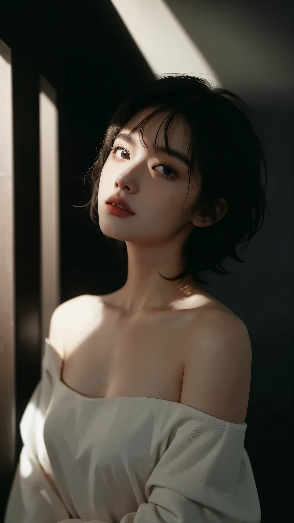 best quality, masterpiece, Ultra-high resolution, (Reality:1.5), original photo, 1 Girl, Off-shoulder, in the darkness, Deep Shadow, Low profile, Cold Light, sexy look, short hair