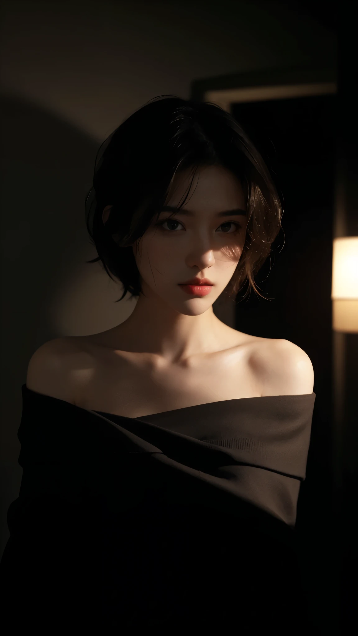 best quality, masterpiece, Ultra-high resolution, (Reality:1.5), original photo, 1 Girl, Off-shoulder, in the darkness, Deep Shadow, Low profile, Cold Light, sexy look, short hair