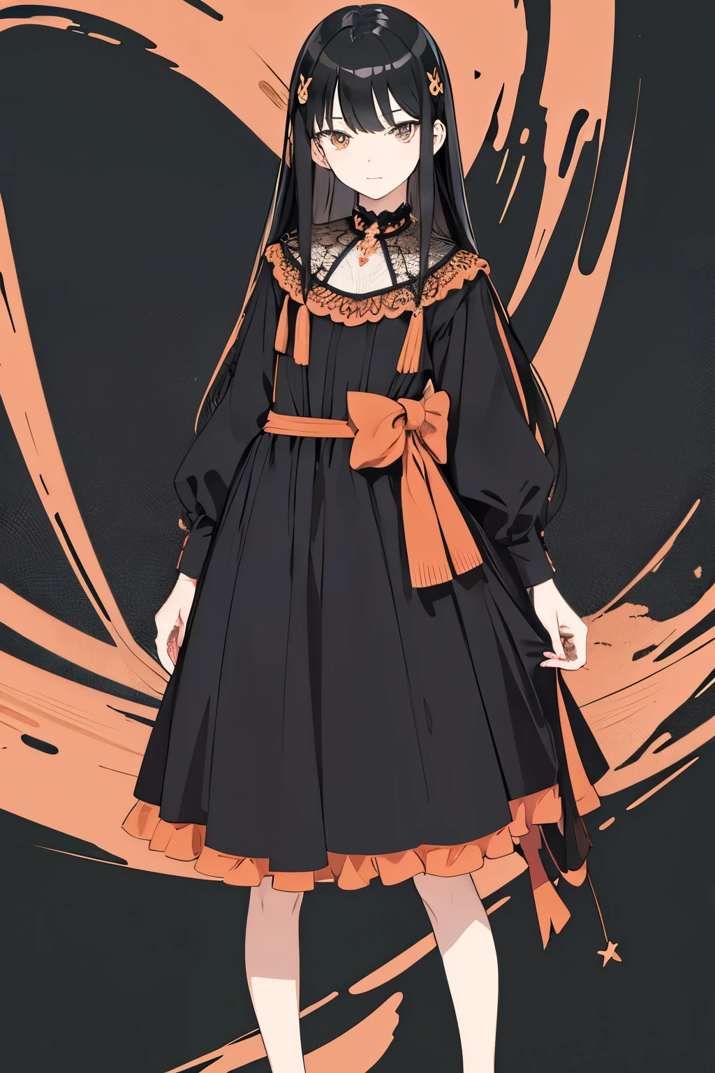(flat color:1.1),(masterpiece:1.2), original, medium length straight black hair, peach-colored eyes, mature girl wearing modern dress