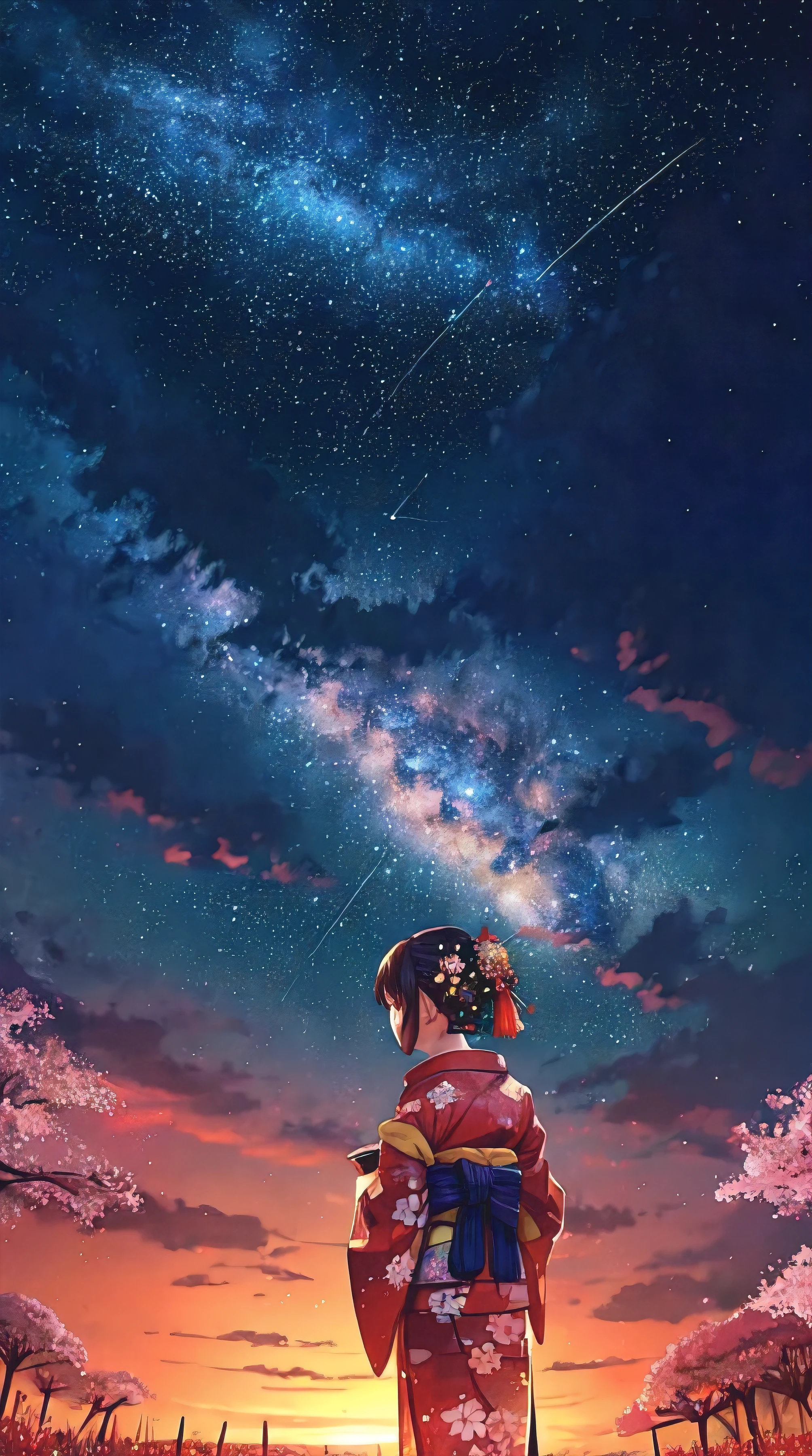 1girl, distant girl wearing a kimono staring at the stars, (zoomed out:1.1), (meteor shower:1.2), (comet:1.1), your name, low angle, from behind, aroura borealis, shooting star, yukata, red kimono, cherry blossoms, standing in a field,best quality, masterpiece, cloud,colorful, starry,stars,