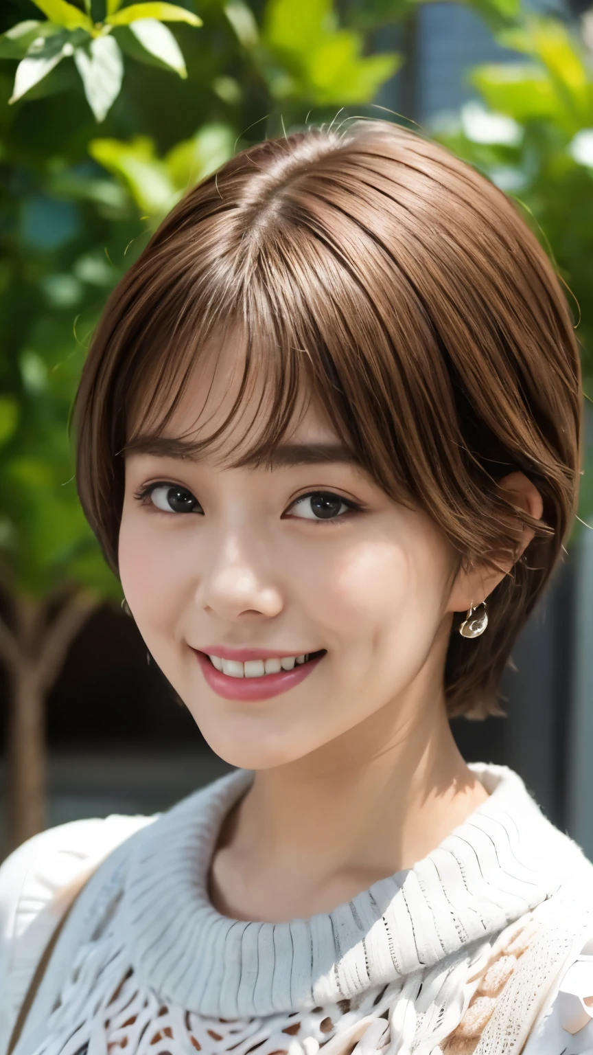 1 Female,Photorealistic,Highest quality,Ultra high definition,8K,Cool Beauty,Beauty,Perfect Style,Summer knitwear,Japanese,Upper body close-up,smile,looking at the camera,Very Short Bob