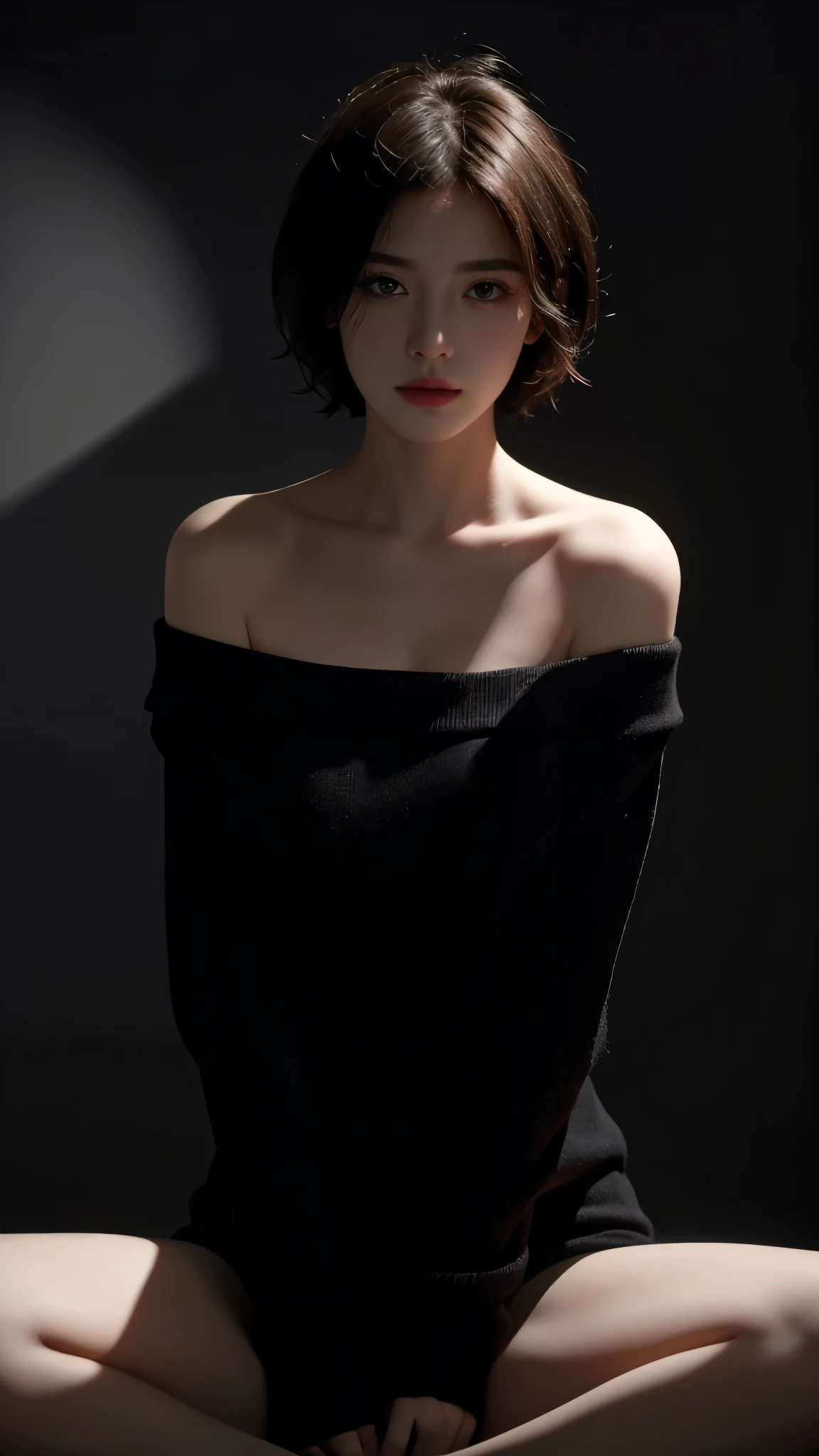 best quality, masterpiece, Ultra-high resolution, (Reality:1.5), original photo, 1 Girl, Off-shoulder, in the darkness, Deep Shadow, Low profile, Cold Light, sexy look, short hair