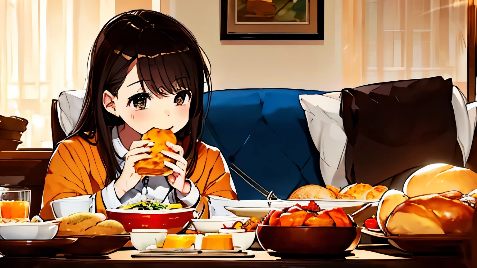 (masterpiece, highest quality:1.2),Living room table、Breakfast lined up、Bread eating、1 girl、Brown Hair、cute、