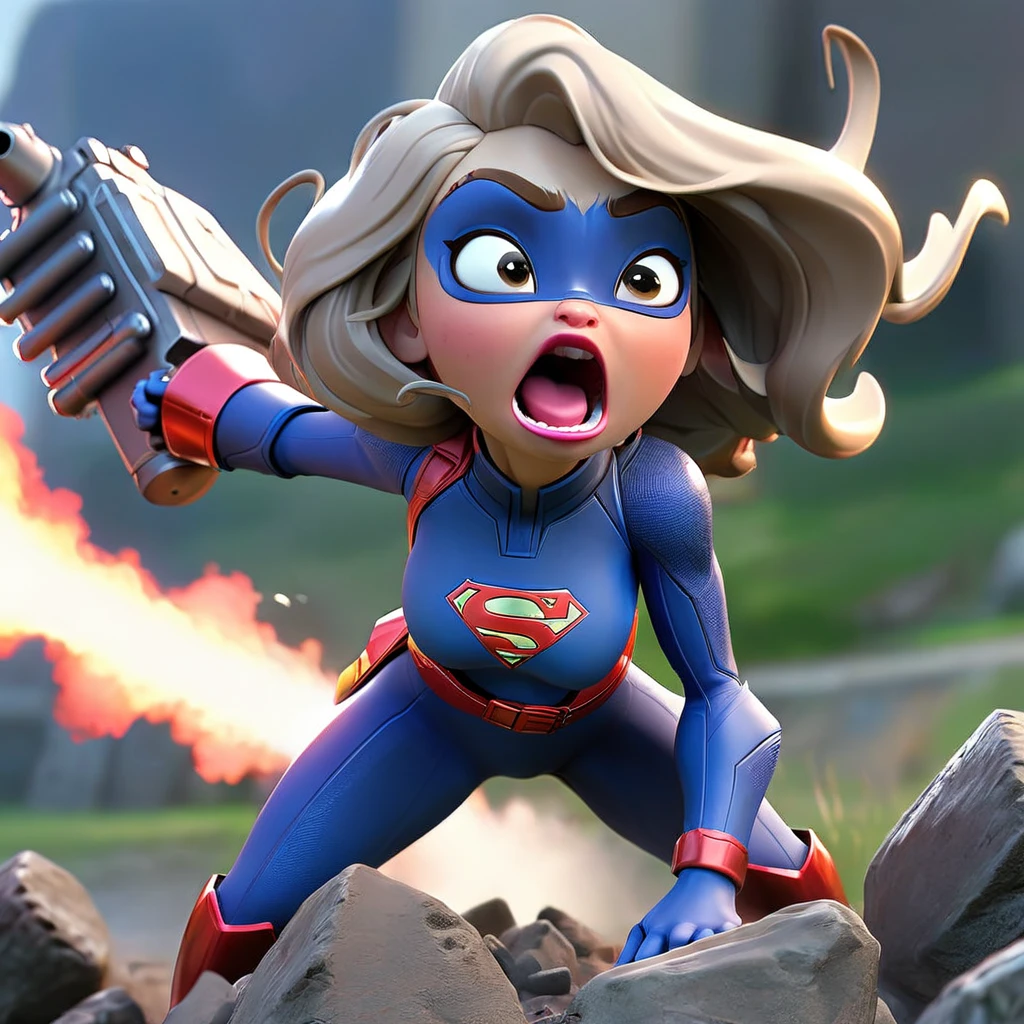 (Show all of Super Girl, head to toe, full body portrait) (best quality,4k,highres,masterpiece:1.2),ultra-detailed,realistic,portraits,vivid colors,dramatic lighting,Supergirl,annoyed,tattered uniform (scorched, many holes) ,ragged uniform,smoking crater,offended,shocked, (Subject 2: attacking alien robot gorilla, rocket launcher) Please make sure your output is separated by commas.","Separated。The following is an example for reference: ``` (best quality,4k,highres,masterpiece:1.2),ultra-detailed,realistic,portraits,vivid colors,dramatic lighting,Supergirl,annoyed,tattered uniform,ragged uniform,smoking crater,offended,shocked, (subject 2: attacking alien robot gorilla, rocket launcher)