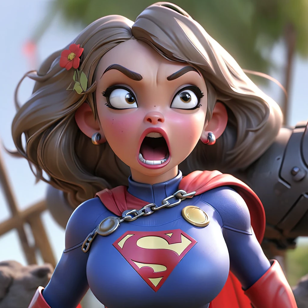 (Show all of Super Girl, head to toe, full body portrait) (best quality,4k,highres,masterpiece:1.2),ultra-detailed,realistic,portraits,vivid colors,dramatic lighting,Supergirl,annoyed,tattered uniform (scorched, many holes) ,ragged uniform,smoking crater,offended,shocked, (Subject 2: attacking alien robot gorilla, rocket launcher) Please make sure your output is separated by commas.","Separated。The following is an example for reference: ``` (best quality,4k,highres,masterpiece:1.2),ultra-detailed,realistic,portraits,vivid colors,dramatic lighting,Supergirl,annoyed,tattered uniform,ragged uniform,smoking crater,offended,shocked, (subject 2: attacking alien robot gorilla, rocket launcher)