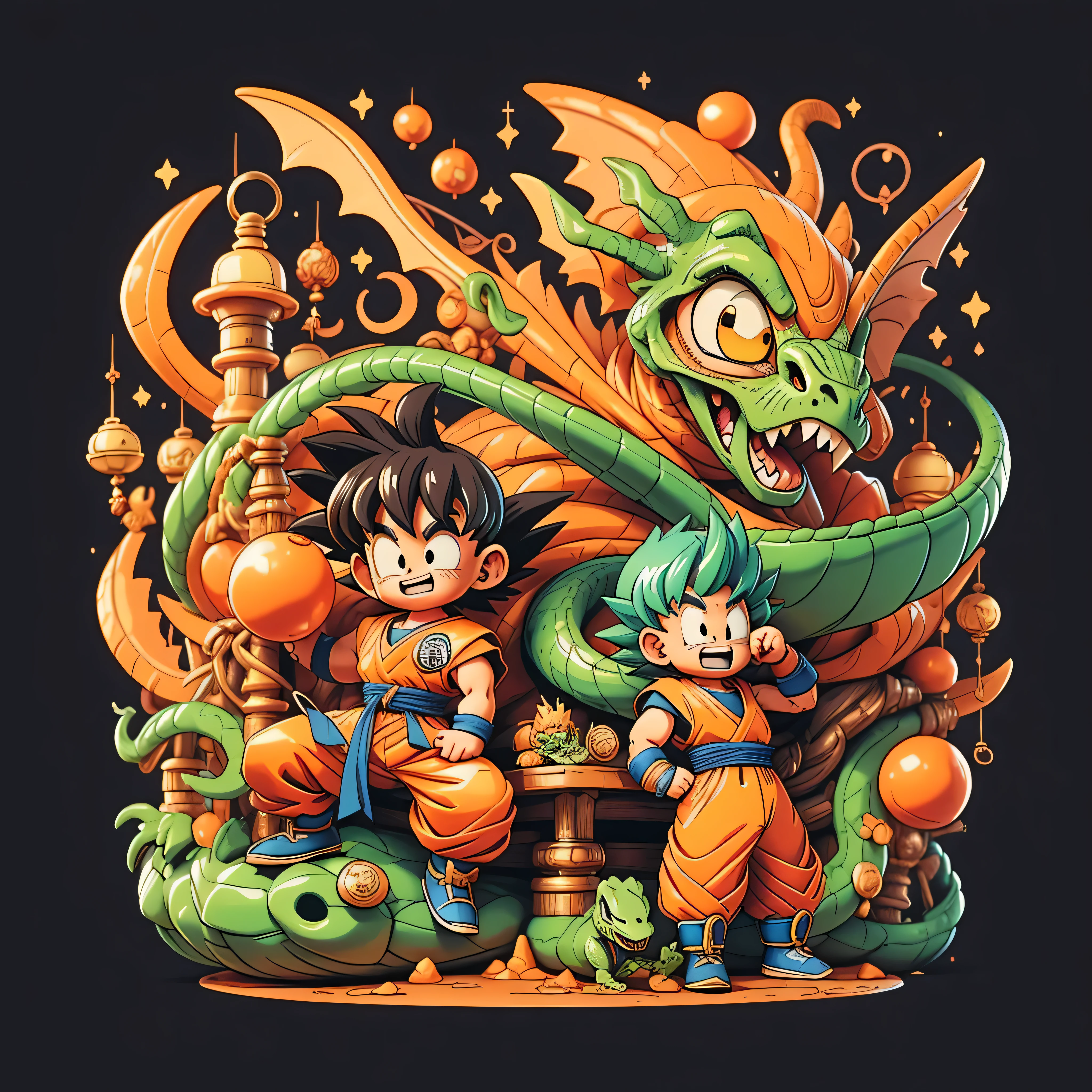 ((Dragon Ballのdragonと孫悟空:Dragon Ball)),Dynamic pose,palo ruyi,dux,feliz,parece estar feliz,entusiasmado,palpitaciones,dreams expand,toriyama akira&#39;estilo de pintura,illustration elements,representation,Aprecia la textura,estar familiarizado con,dreamlike,colores tranquilos,Colores ricos,retro,elemento steampunk,Obra maestra,LouderObra maestra,Lindo,Louder,lindo,Dragon BallZ,elementos de arte fractales,un poco,logo:Dragon Ball,Lindo background,Louderの構図,Dynamic,dreams and adventures,dragon,dinosaur,Ride a Dragon,Chico