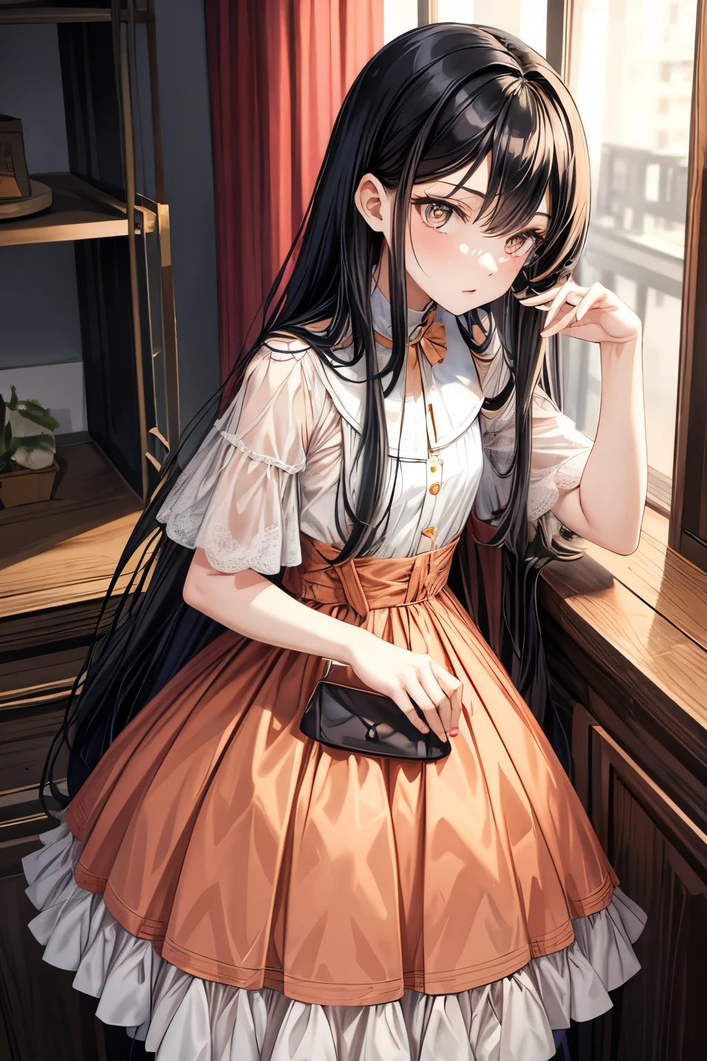 (flat color:1.1),(masterpiece:1.2), original, medium length straight black hair, peach-colored eyes, mature girl wearing modern dress