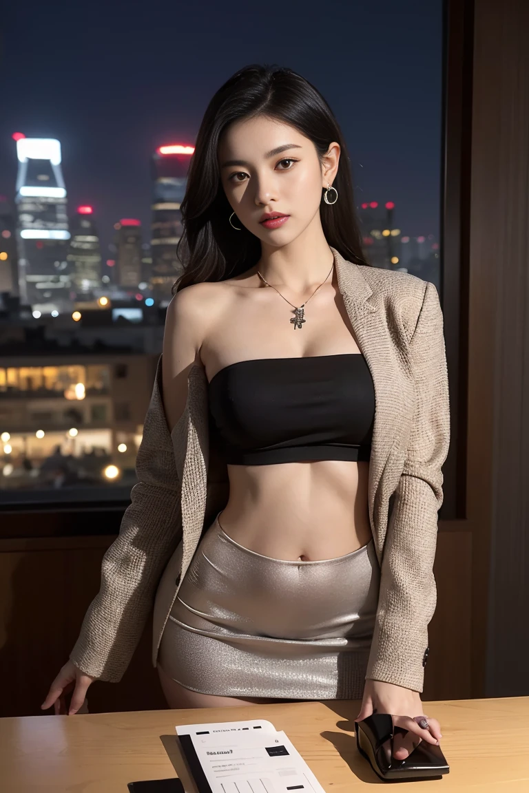 in the office,a young beautiful lady,Wear professional attire,gray blazer,Lace bandeau underwear,slit covered skirt。Bigger and wider hips,thin waist,The upper body rounder,full,Super in shape。Dressed up with jewelry,necklace,earrings,watch,High heel,black stockings。Painted with light makeup,beautiful eyeeautiful lips,very beautiful,Very temperamental。at desk,,Look at the file,With computer and keyboard。Background modern city office buildings,Very modern,There a lot of space,Outside the window the night view of the city,Modern Shanghai city night view。8 p.m,City neon lights flashing。Professional lighting effectovie shot,intricate details,The best resolution,masterpiece。Complete fingers,intricate details