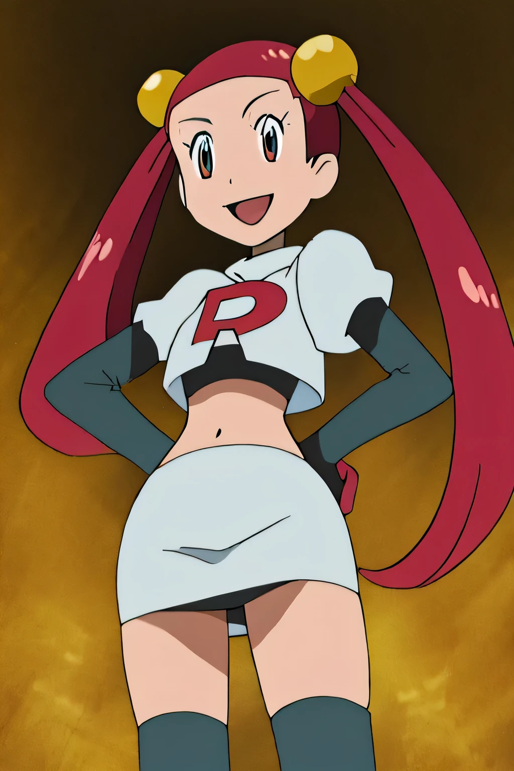 masterpiece,best quality,high res,high quality,8k, masterpiece,highres, team rocket uniform, red letter r, white skirt,white crop top,black thigh-high boots, black elbow gloves, smiling, looking down at viewer, hands on hips, cowboy shot, zettai ryouiki,spread legs,from below, black panties,anime style, vivid colors, sharp focus, intense lighting,Mira_pokemon