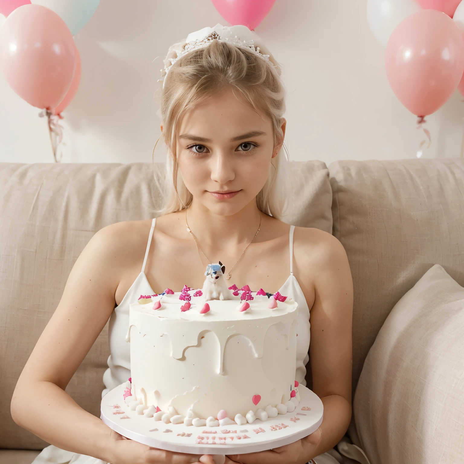 Woman sitting on the sofa, And on her lap crawls a small white Pomeranian Spitz., in front of the birthday cake, make a wish on the birthday cake, celebrates his birthday, She is about 16 years old, White skin, delicate facial features