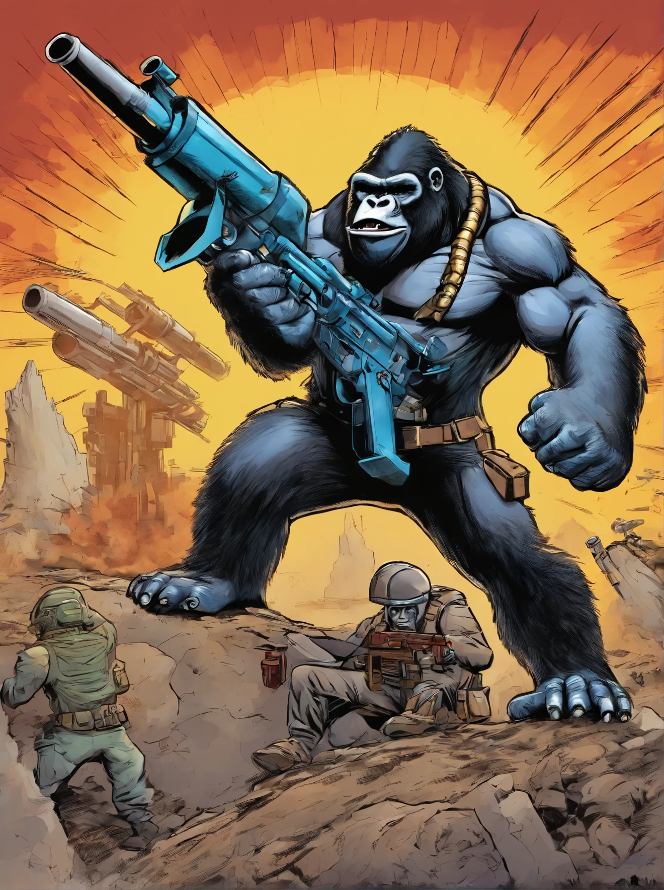 gorilla holding rocket launcher, military photography, realistic rocket launcher