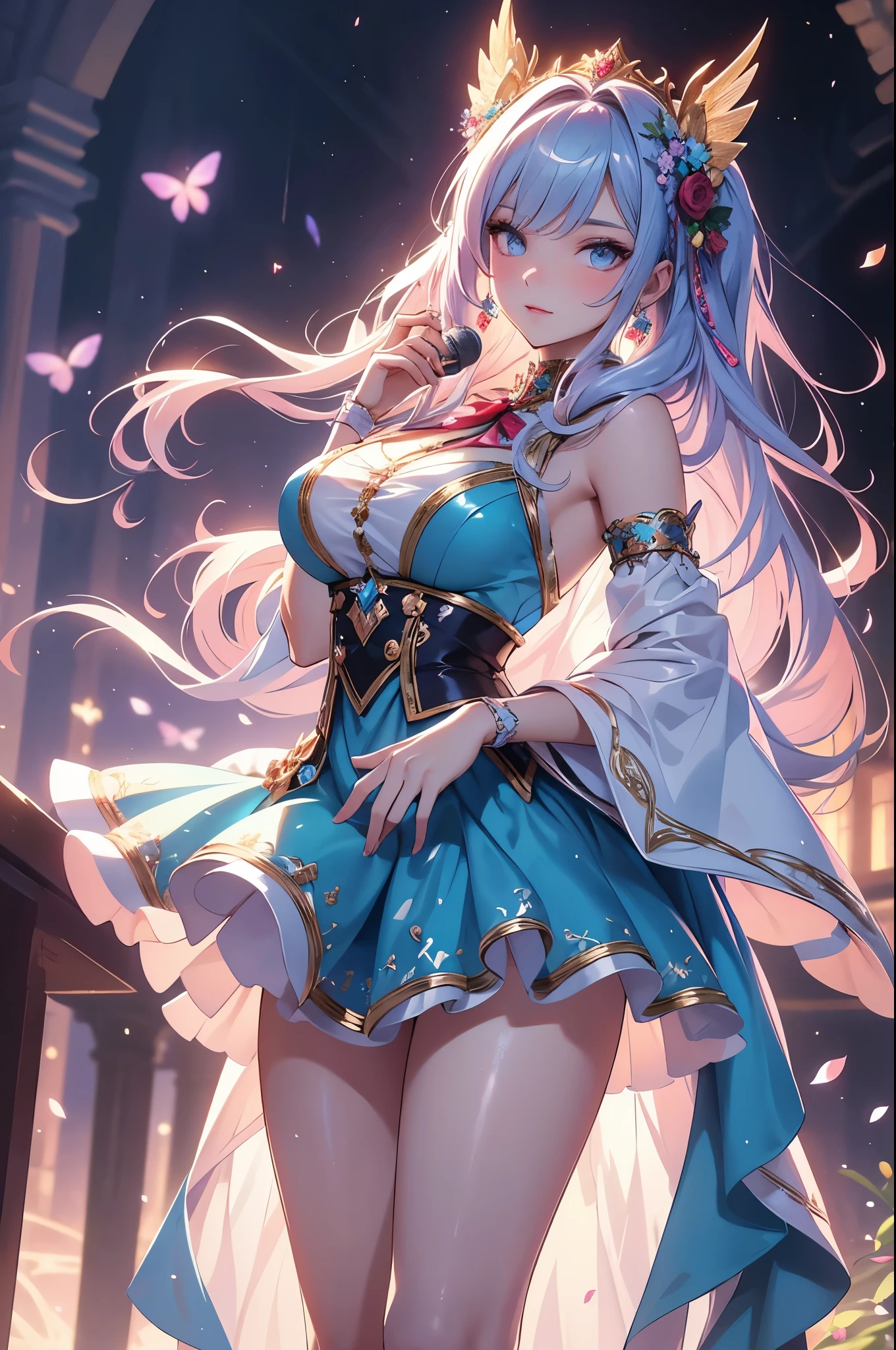 (best quality,4k,8k,highres,masterpiece:1.2),ultra-detailed,(realistic,photorealistic,photo-realistic:1.37),acrylic painting,beautiful Russian model in a ta dress with downy hair,beautiful Russian model with extremely colorful hair and detailed facial features,beautiful Russian model standing in a beautiful garden surrounded by a starry sky,beautiful Russian model wearing a vibrant Loliress,beautiful Russian model with intricate accessories and a matching hat,beautiful Russian model posing gracefully with her hands on her hips,beautiful Russian model with long flowing twintails,beautiful Russian model with bright blue eyes and rosy lips,beautiful Russian model with a joyful expression,beautiful Russian model in a dynamic pose with cherry blossoms falling around her,beautiful Russian model surrounded by colorful flowers and butterflies,beautiful Russian model's dress adorned with cute bows and lace details,beautiful Russian model with an enchanting smile,beautiful Russian model with soft, pastel-colored shading,beautiful Russian model with a magical glow illuminating her,beautiful Russian model in a picturesque setting with a winding path leading to a magnificent castle,beautiful Russian model holding a microphone and singing passionately,beautiful Russian model with a fairytale-like background,beautiful Russian model with a soft, dreamy atmosphere,beautiful Russian model with a subtle bokeh effect,beautiful Russian model standing under a moonlit sky,beautiful Russian model with a warm, golden sunset in the background,beautiful Russian model surrounded by twinkling stars and colorful nebulae,creating an ethereal and captivating artistic masterpiece. 