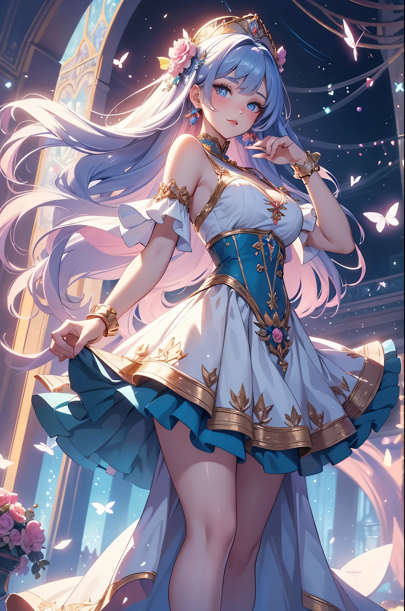 (best quality,4k,8k,highres,masterpiece:1.2),ultra-detailed,(realistic,photorealistic,photo-realistic:1.37),acrylic painting,beautiful Russian model in a Lolita dress with downy hair,beautiful Russian model with extremely colorful hair and detailed facial features,beautiful Russian model standing in a beautiful garden surrounded by a starry sky,beautiful Russian model wearing a vibrant Lolita dress,beautiful Russian model with intricate accessories and a matching hat,beautiful Russian model posing gracefully with her hands on her hips,beautiful Russian model with long flowing twintails,beautiful Russian model with bright blue eyes and rosy lips,beautiful Russian model with a joyful expression,beautiful Russian model in a dynamic pose with cherry blossoms falling around her,beautiful Russian model surrounded by colorful flowers and butterflies,beautiful Russian model's dress adorned with cute bows and lace details,beautiful Russian model with an enchanting smile,beautiful Russian model with soft, pastel-colored shading,beautiful Russian model with a magical glow illuminating her,beautiful Russian model in a picturesque setting with a winding path leading to a magnificent castle,beautiful Russian model holding a microphone and singing passionately,beautiful Russian model with a fairytale-like background,beautiful Russian model with a soft, dreamy atmosphere,beautiful Russian model with a subtle bokeh effect,beautiful Russian model standing under a moonlit sky,beautiful Russian model with a warm, golden sunset in the background,beautiful Russian model surrounded by twinkling stars and colorful nebulae,creating an ethereal and captivating artistic masterpiece.