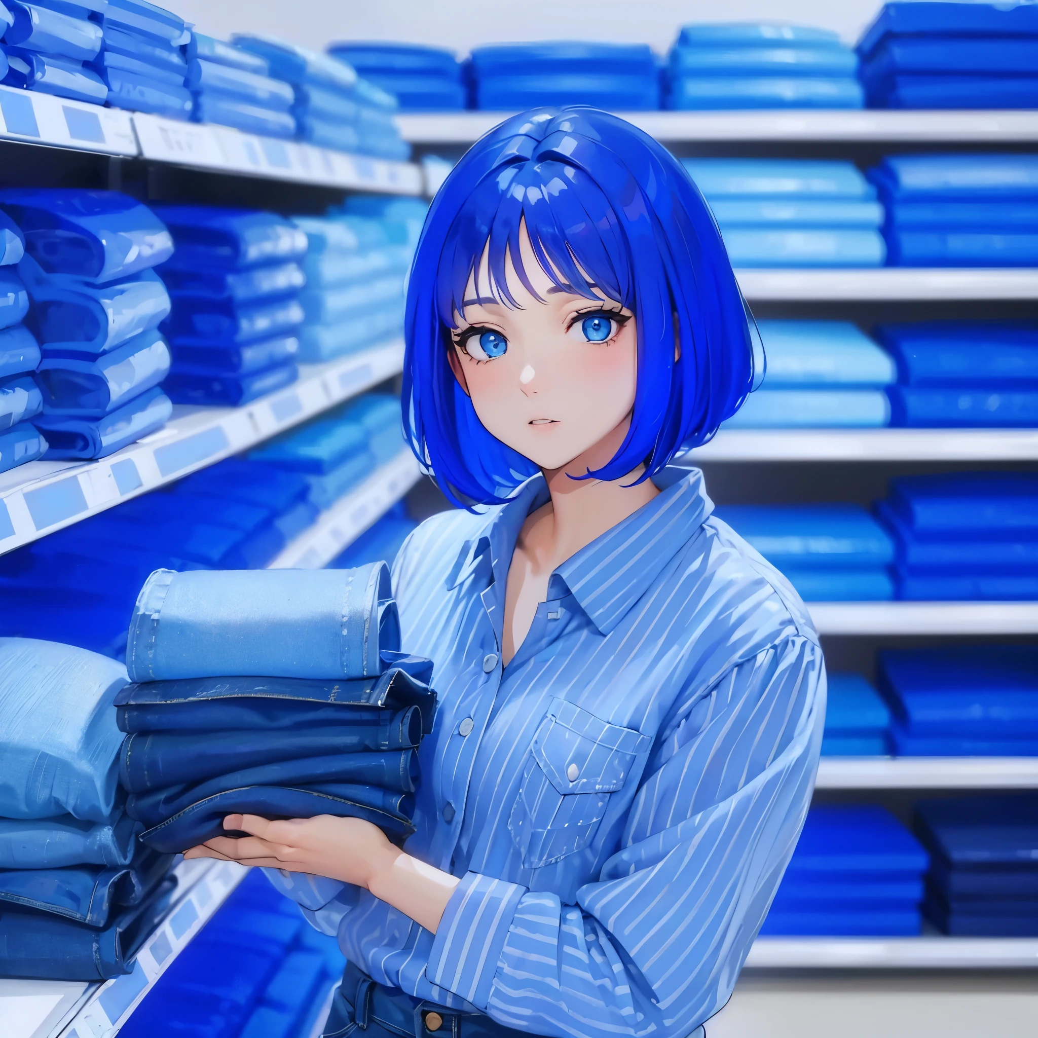 High quality, masterpiece, blue store, store with large amount of blue denim, woman standing in front of shelves, woman holding denim, blue eyes, short blue hair, princess cut, wearing distressed blue shirt