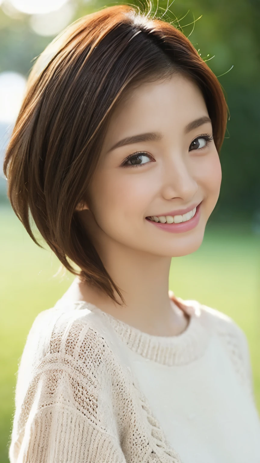 1 Female,Photorealistic,Highest quality,Ultra high definition,8K,Cool Beauty,Beauty,Perfect Style,Summer knitwear,Japanese,Upper body close-up,smile,looking at the camera,Very Short Bob