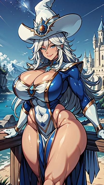 Silent magician, ropa apretada, poca piel visible, ((  ruborizada, sonrisa, oiled skin)),  pelo largo, cabello blanco, (( white hair)), sombrero blanco, Curvy body, abs, muscle, muscle girl, big sagging ?????? , monstruo de duelo, Iparuputsua, de pie en la entrada de un castillo, magic world background, mundo medieval .