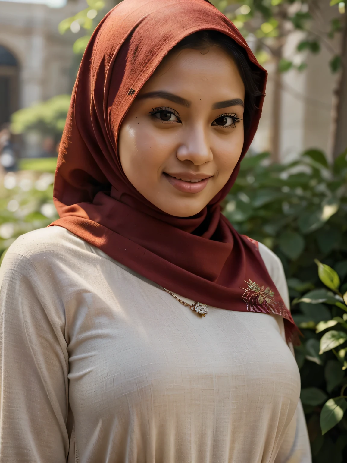 RAW, Best quality, high resolution, masterpiece: 1.3), beautiful Malay woman in hijab,Masterpiece, perfect ,big gorgeous eyes, flirt smile,a close up of a woman in a red dress and a red scarf, wearing beautiful clothes, beautiful design, hijab, rustic, very beautiful enga style, beautiful masterpiece, fine details, wearing gorgeous clothing, (Delicate turtleneck) , necklace, afternoon walk, City garden, Excellent lighting, Bright colors, Clean lines