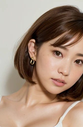 (8k, Realistic:1.4, RAW Photos, Best image quality: 1.4), One Japanese woman, Around 60 years old, freckles, Off-the-shoulder tops, Dark Room, night, 6. Cleavage:1.4, Chest to chest, Sleepy expression, double eyelid, Half-open eyes, Round Nose, Thick eyebrows, Thick lips, Light brown hair, Short Hair, Sporty hairstyle, Wearing earrings, Cover your ears with your hair、Eat a normal sized banana