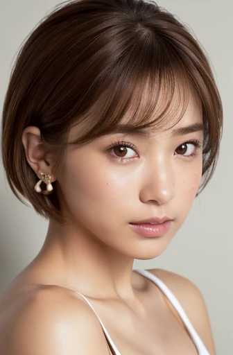 (8k, Realistic:1.4, RAW Photos, Best image quality: 1.4), One Japanese woman, Around 60 years old, freckles, Off-the-shoulder tops, Dark Room, night, 6. Cleavage:1.4, Chest to chest, Sleepy expression, double eyelid, Half-open eyes, Round Nose, Thick eyebrows, Thick lips, Light brown hair, Short Hair, Sporty hairstyle, Wearing earrings, Cover your ears with your hair、Eat a normal sized banana