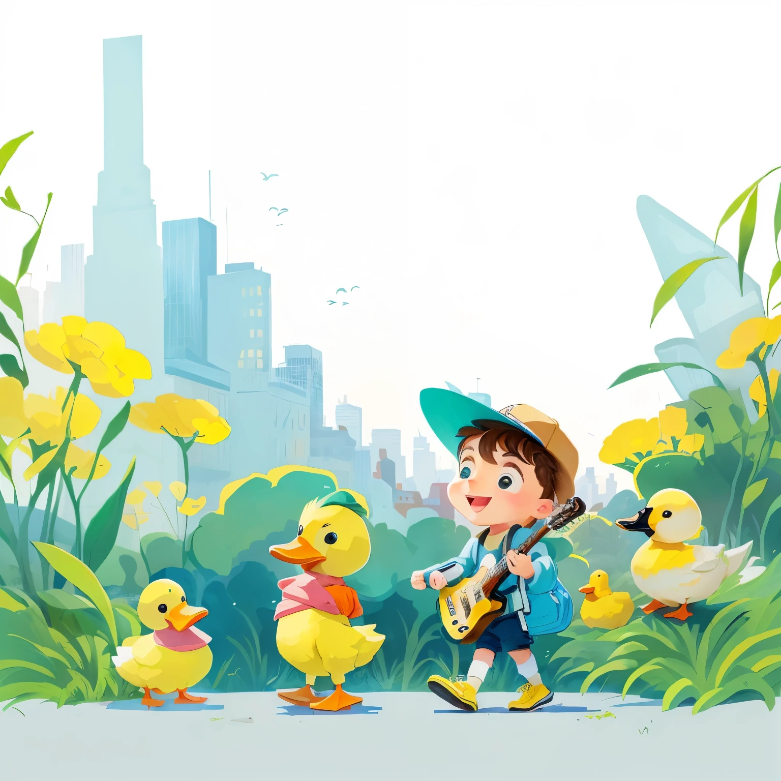 Cartoon illustration of a boy and two ducks in a city park,Boy carrying guitar,Duck mouth is, Children's Book Illustrations, Children's book illustrations, colorful Children's book illustrations, author:Li Song, Children's book illustrations, Children's Book Illustrations, Children's illustrations, by Ye Xin, author:Yang Jie, by Qu Leilei, by Cheng Jiasui, Children's illustrations, Children's Book Illustrations