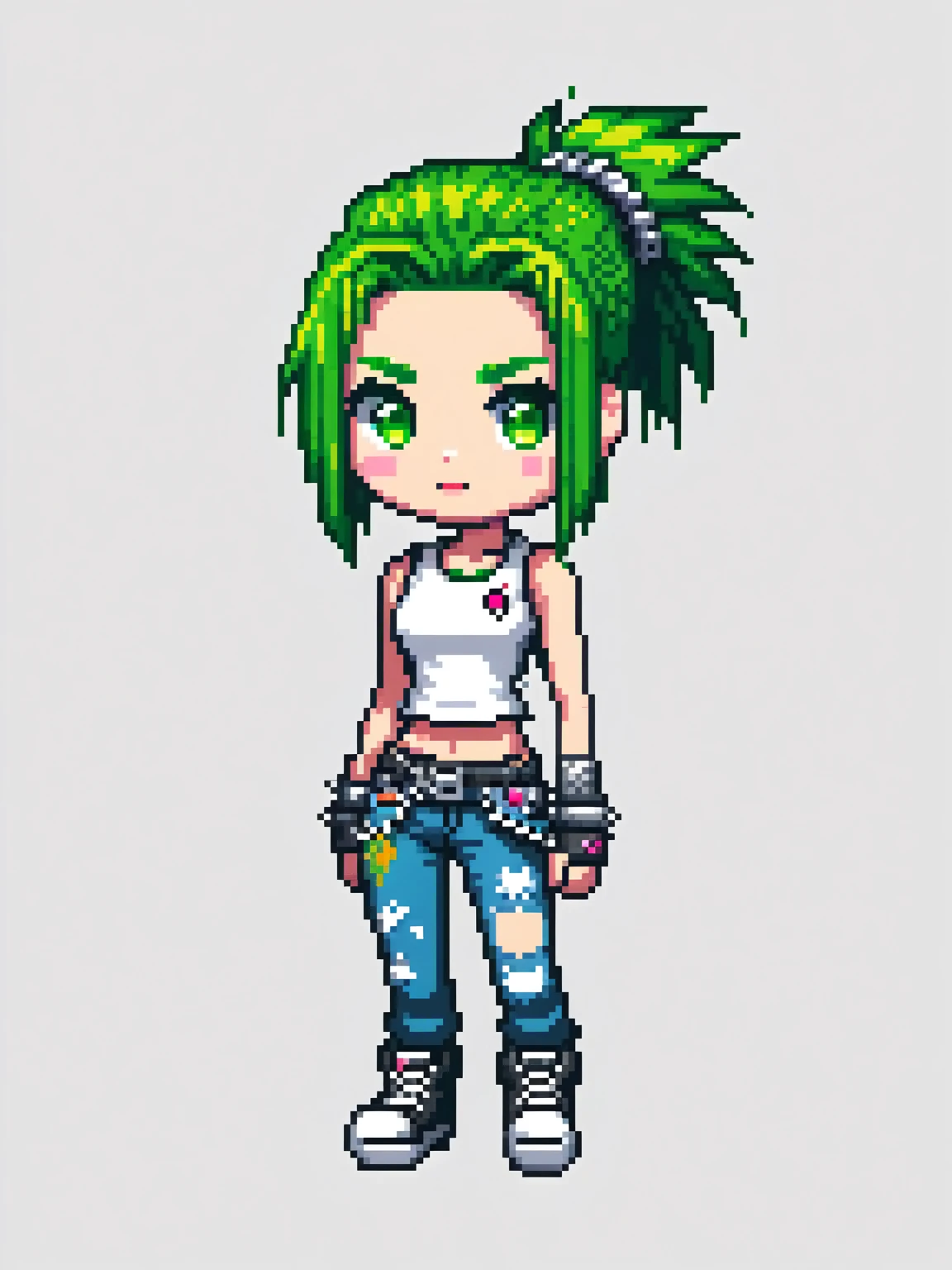pixel art, punk woman, character de jogo adulto, color white, roupa white, simple white background, game icon, 64 bit style