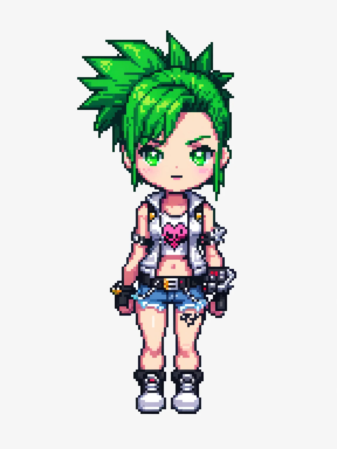 pixel art, punk rock woman, character de jogo adulto, color white, roupa white, simple white background, game icon, 64 bit style