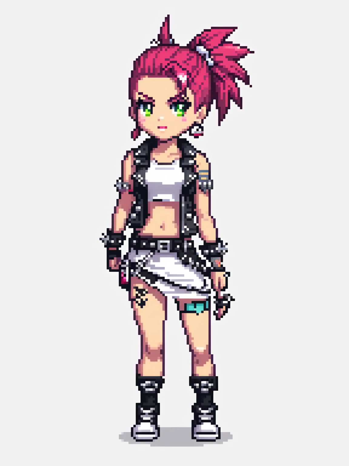 pixel art, punk rock woman, character de jogo adulto, color white, roupa white, simple white background, game icon, 64 bit style