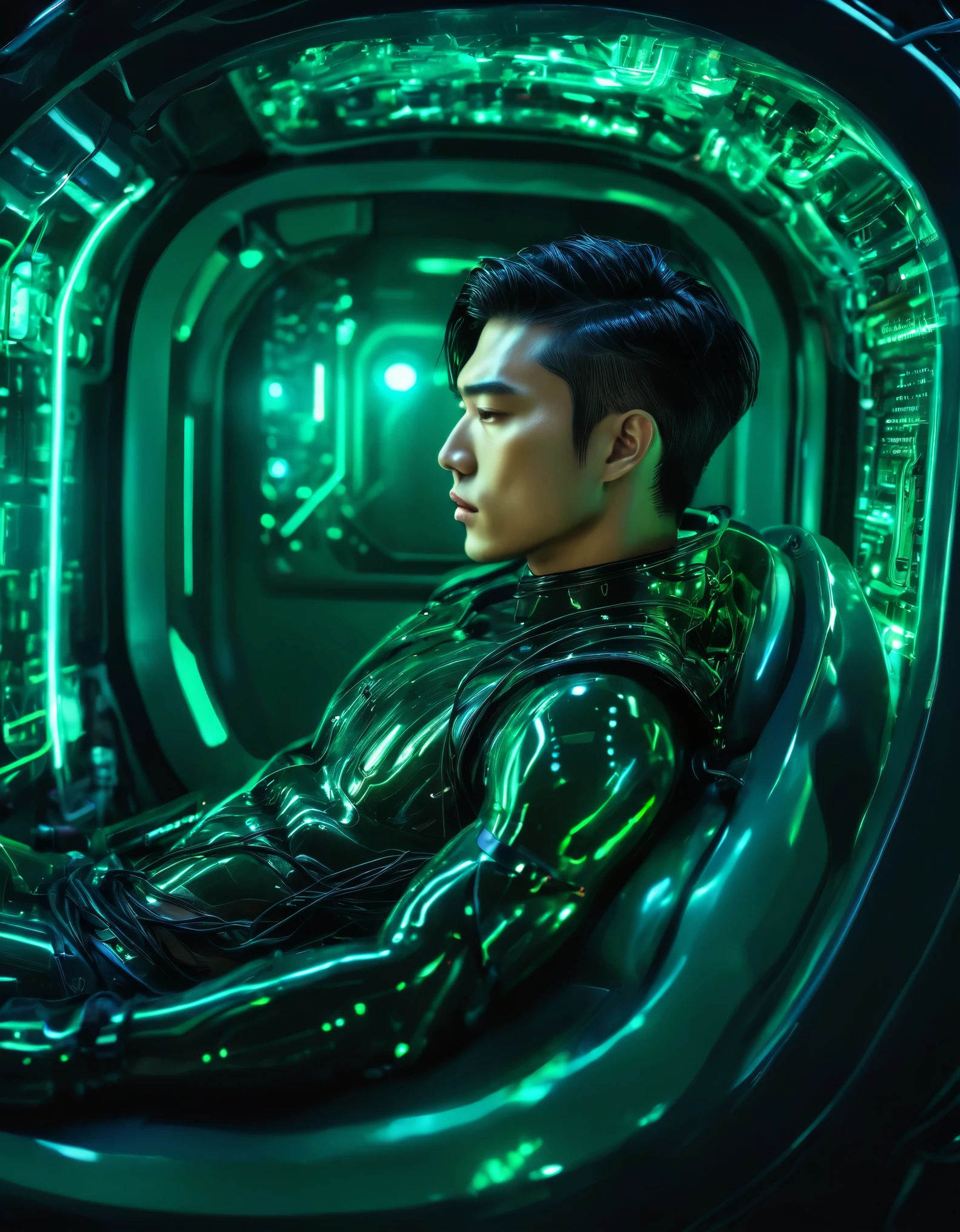 high fashion photography, blue lit background, green gel lighting, low key lighting, korean male model with short hair in a sci-fi sleeping pod, toned shoulders and arm muscles, side view, there are black high tech wires in his hair, metal circuit boards above his head, he is surrounded by fire, rich details, cinematic textures, epic, surrealism, film grain, fuji colors, panorama, 8k, UHD