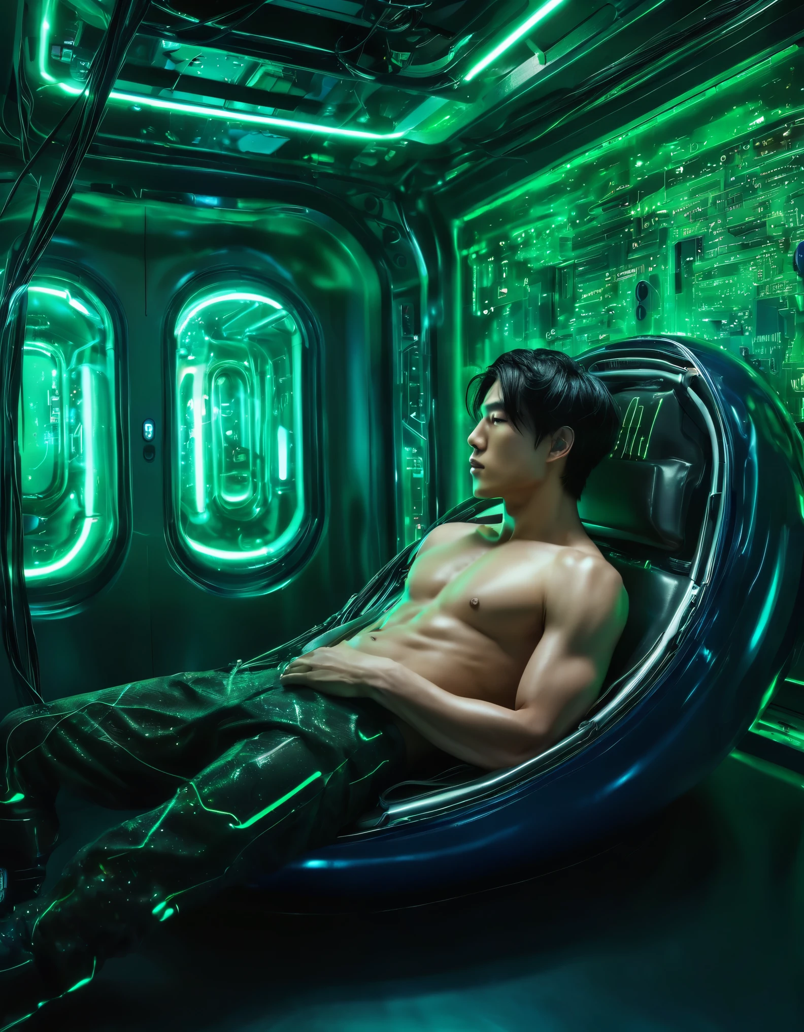 high fashion photography, blue lit background, green gel lighting, low key lighting, korean male model with short hair in a sci-fi sleeping pod, toned shoulders and arm muscles, side view, there are black high tech wires in his hair, metal circuit boards above his head, he is surrounded by fire, rich details, cinematic textures, epic, surrealism, film grain, fuji colors, panorama, 8k, UHD