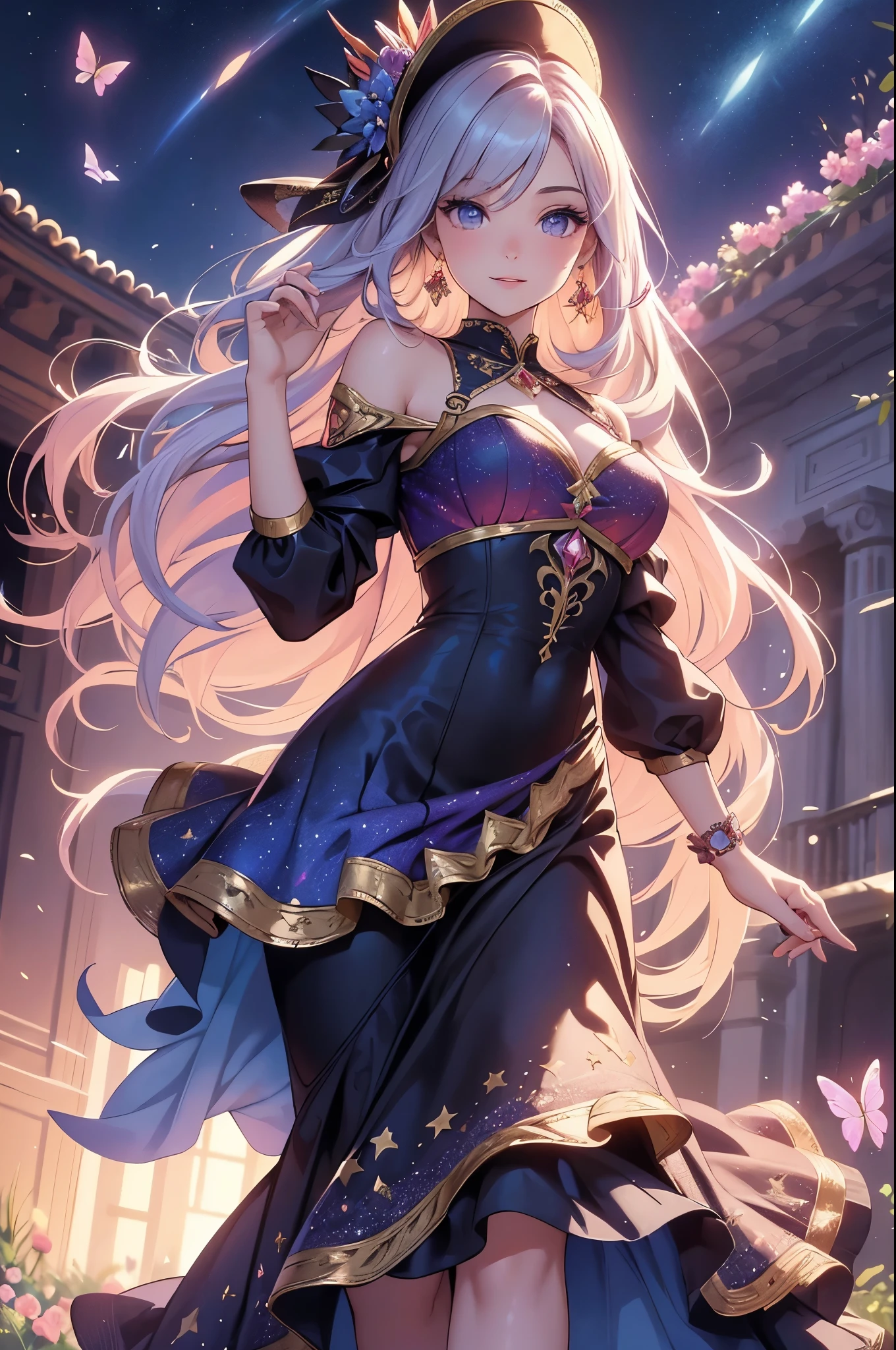 (best quality,4k,8k,highres,masterpiece:1.2),ultra-detailed,(realistic,photorealistic,photo-realistic:1.37),acrylic painting,beautiful Spanish model in a Lolita dress with downy hair,beautiful Spanish model with extremely colorful hair and detailed facial features,beautiful Spanish model standing in a beautiful garden surrounded by a starry sky,beautiful Spanish model wearing a vibrant Lolita dress,beautiful Spanish model with intricate accessories and a matching hat,beautiful Spanish model posing gracefully with her hands on her hips,beautiful Spanish model with long flowing twintails,beautiful Spanish model with bright blue eyes and rosy lips,beautiful Spanish model with a joyful expression,beautiful Spanish model in a dynamic pose with cherry blossoms falling around her,beautiful Spanish model surrounded by colorful flowers and butterflies,beautiful Spanish model's dress adorned with cute bows and lace details,beautiful Spanish model with an enchanting smile,beautiful Spanish model with soft, pastel-colored shading,beautiful Spanish model with a magical glow illuminating her,beautiful Spanish model in a picturesque setting with a winding path leading to a magnificent castle,beautiful Spanish model holding a microphone and singing passionately,beautiful Spanish model with a fairytale-like background,beautiful Spanish model with a soft, dreamy atmosphere,beautiful Spanish model with a subtle bokeh effect,beautiful Spanish model standing under a moonlit sky,beautiful Spanish model with a warm, golden sunset in the background,beautiful Spanish model surrounded by twinkling stars and colorful nebulae,creating an ethereal and captivating artistic masterpiece. 