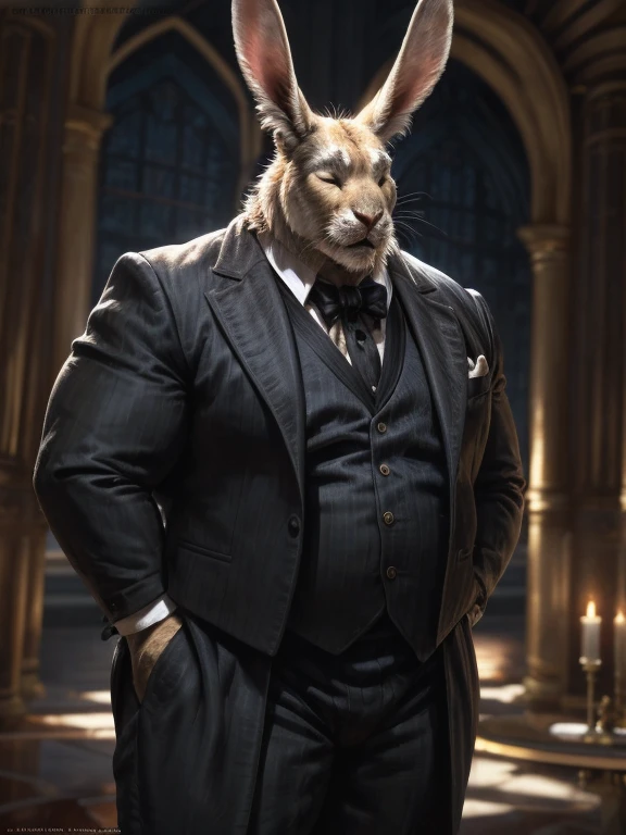 rabbit，uncle，male，Mature man，huge，Fat and strong，Serious expression，With eyes closed，Place your hands behind your body，Butler costume，Black suit（Full suit），night，Palace hall（Detailed background:1.2),High Detail, Film Photography, original video, actual, Analog style, best quality, ultra actual, 8k, (By Fiddler Tarrant),