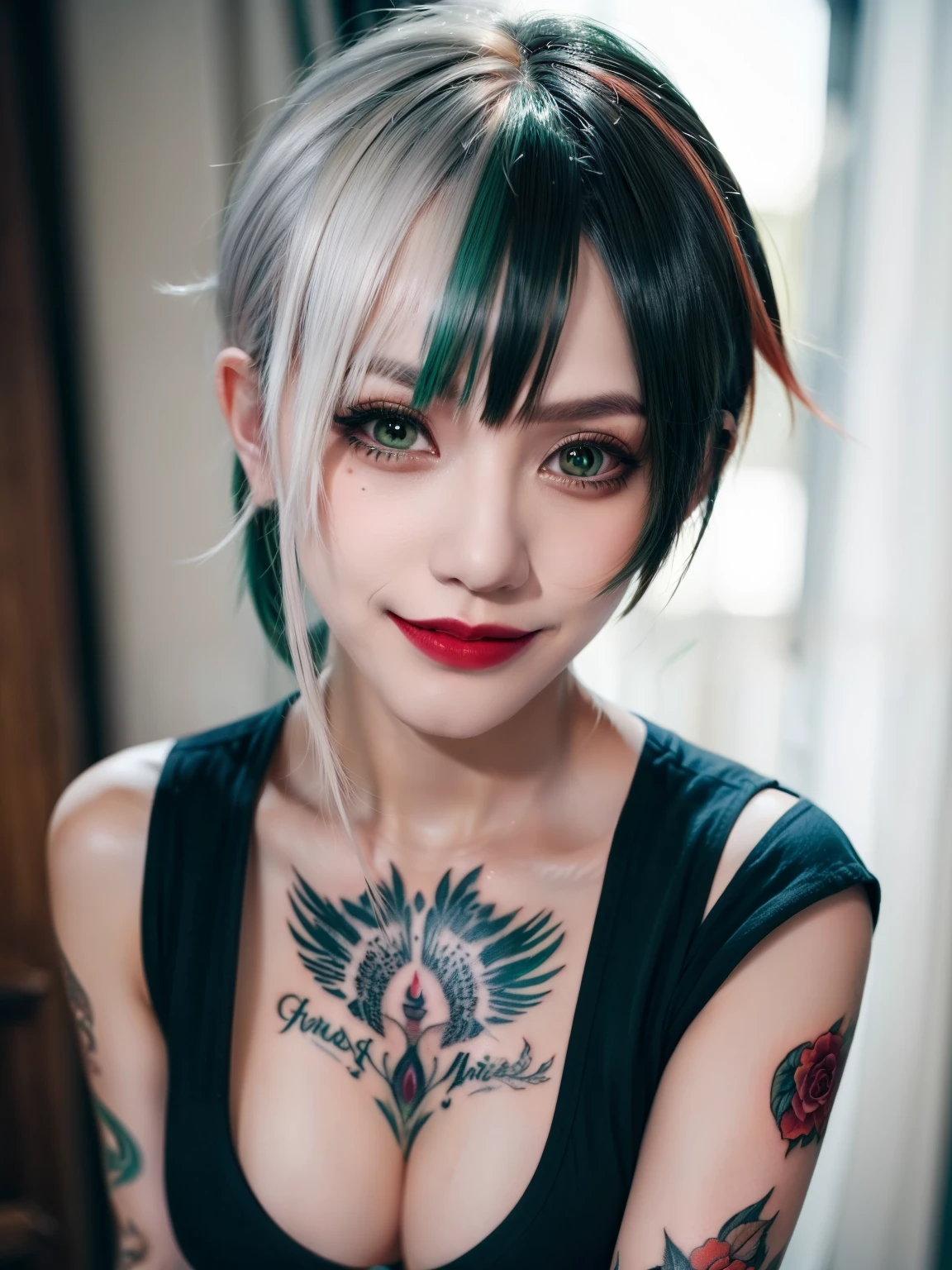 masterpiece, best quality, highly detailed,1girl,indoors, adult, split-color hair, green hair, orange hair, hair over eye, dynamic pose, clothes, grin, lipstick, pixie hair, tattoos, cropped shirt