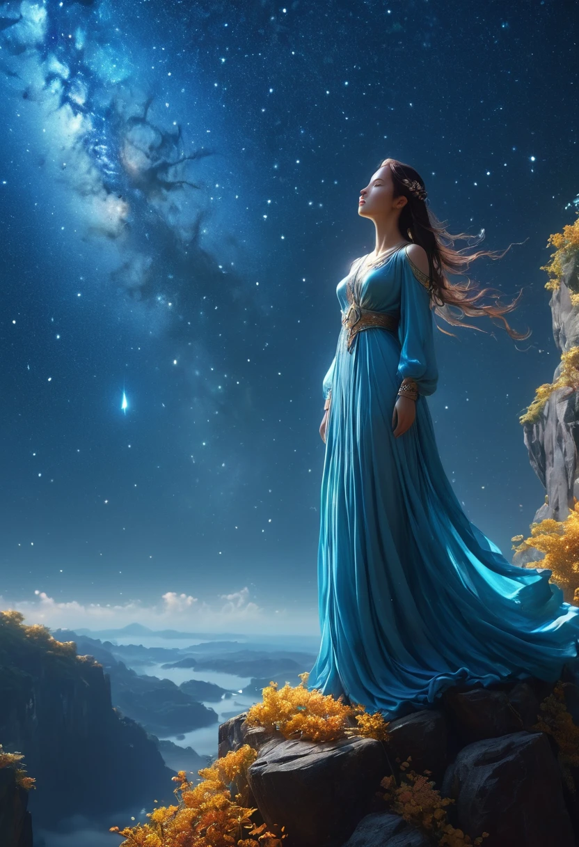 1 girl,  (3D Sculpture，A woman in a long dress stands on a cliff and looks up at the starry sky, Goddess of space, Milky Way Goddess, Goddess of Heaven, Astral ethereal, dream, Beautiful Celestial Mage, Beautiful fantasy painting, Beautiful fantasy art, Ethereal fantasy, very Beautiful fantasy art, Digital Art Fantasy, Charming and otherworldly, Fantasy Beauty, Beautiful Art Rendered in Ultra HD 4K by Octane，Volumetric Light，Natural soft lighting), (Ultra-delicate:1.2, lose focus:1.2, colorful, Cinema Lighting, Chiaroscuro,Ray Tracing), masterpiece, Super rich,Ultra Detailed,8k, 3ddianshang\(style\)