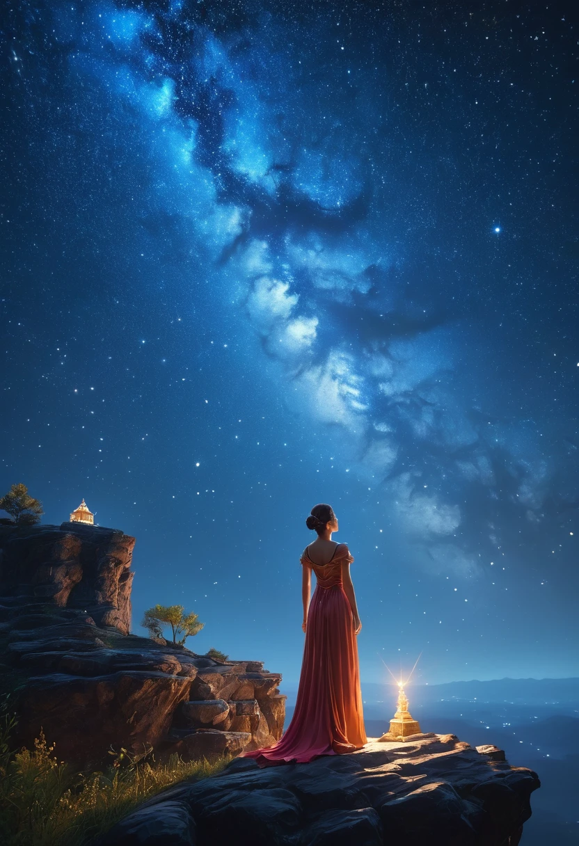 1 girl, (3D Sculpture,A woman in a long dress stands on a cliff and looks up at the starry sky, Goddess of space, Milky Way Goddess, Goddess of Heaven, Astral ethereal, dream, Beautiful Celestial Mage, Beautiful fantasy painting, Beautiful fantasy art, Ethereal fantasy, very Beautiful fantasy art, Digital Art Fantasy, Charming and otherworldly, Fantasy Beauty, Beautiful Art Rendered in Ultra HD 4K by Octane,Volumetric Light,Natural soft lighting), (Ultra-delicate:1.2, lose focus:1.2, colorful, Cinema Lighting, Chiaroscuro,Ray Tracing), masterpiece, Super rich,Ultra Detailed,8k, 3ddianshang\(style\)