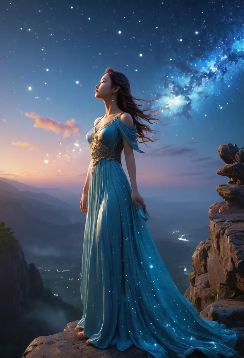 1 girl, (3D Sculpture,A woman in a long dress stands on a cliff and looks up at the starry sky, Goddess of space, Milky Way Goddess, Goddess of Heaven, Astral ethereal, dream, Beautiful Celestial Mage, Beautiful fantasy painting, Beautiful fantasy art, Ethereal fantasy, very Beautiful fantasy art, Digital Art Fantasy, Charming and otherworldly, Fantasy Beauty, Beautiful Art Rendered in Ultra HD 4K by Octane,Volumetric Light,Natural soft lighting), (Ultra-delicate:1.2, lose focus:1.2, colorful, Cinema Lighting, Chiaroscuro,Ray Tracing), masterpiece, Super rich,Ultra Detailed,8k, 3ddianshang\(style\)