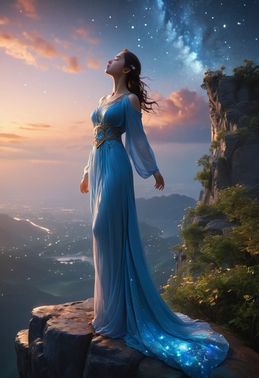 1 girl,  (3D Sculpture，A woman in a long dress stands on a cliff and looks up at the starry sky, Goddess of space, Milky Way Goddess, Goddess of Heaven, Astral ethereal, dream, Beautiful Celestial Mage, Beautiful fantasy painting, Beautiful fantasy art, Ethereal fantasy, very Beautiful fantasy art, Digital Art Fantasy, Charming and otherworldly, Fantasy Beauty, Beautiful Art Rendered in Ultra HD 4K by Octane，Volumetric Light，Natural soft lighting), (Ultra-delicate:1.2, lose focus:1.2, colorful, Cinema Lighting, Chiaroscuro,Ray Tracing), masterpiece, Super rich,Ultra Detailed,8k, 3ddianshang\(style\)