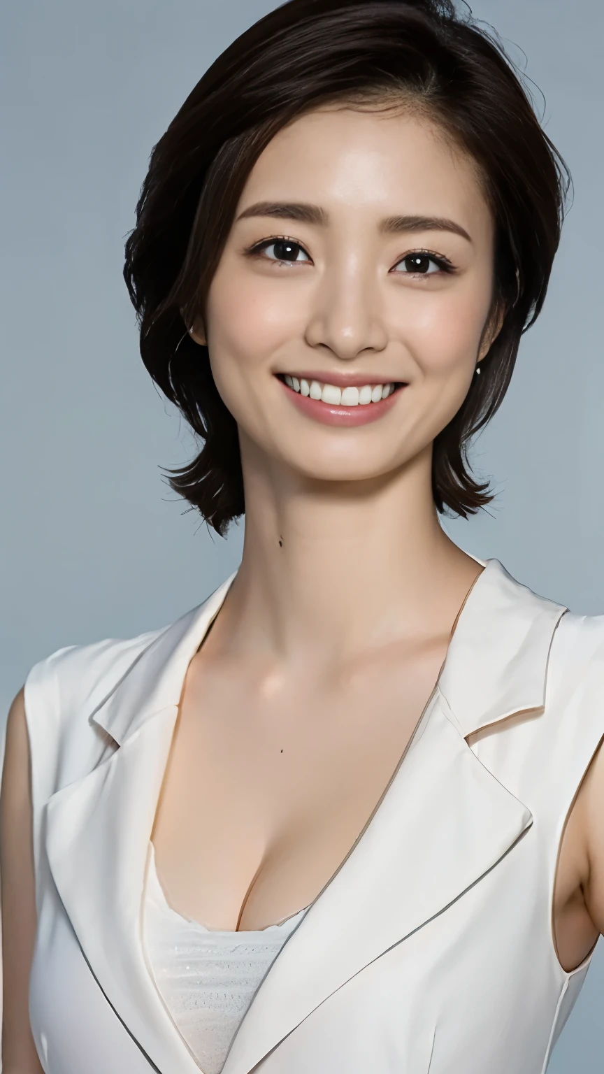 1 Female,Photorealistic,Highest quality,Ultra high definition,8K,Cool Beauty,Beauty,Perfect Style,In a suit,Cleavage,Japanese,Upper body close-up,smile,looking at the camera,Very Short Bob