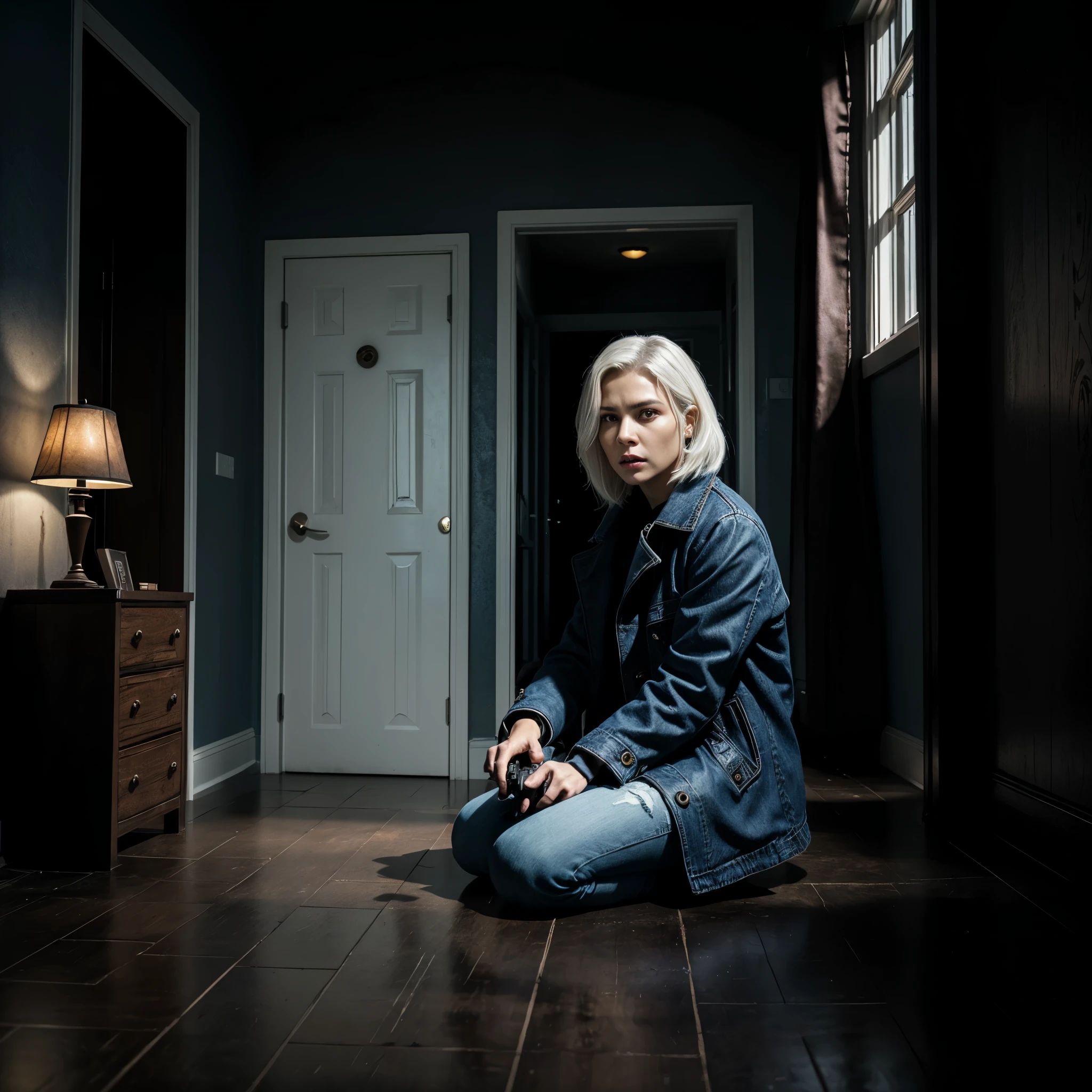 ((suspense scene ((CONCEPT ART)), extremely detailed with a woman wearing blue jeans, and brown coat and boots)), (better lighting, better shadow, an extremely delicate and scary), (digital illustration), ((4k painting)), [(dynamic angle,((1girl)),white hair, (beautiful face, perfect face, scared,) expression of fear, torn clothes, a gun in hand, sitting on the floor, darkness, scary house),  [:(dark, mysterious, game paint, sinister setting, jagged corridors, big house, deadly silence):]