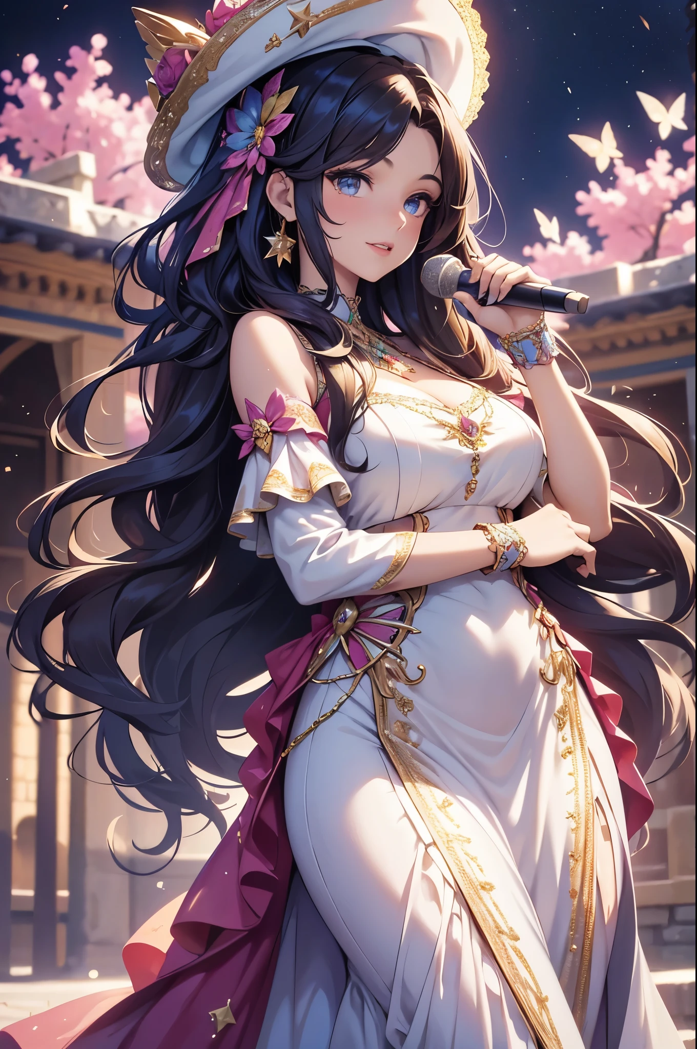 (best quality,4k,8k,highres,masterpiece:1.2),ultra-detailed,(realistic,photorealistic,photo-realistic:1.37),acrylic painting,beautiful Spanish model in a ta dress with downy hair,beautiful Spanish model with extremely colorful hair and detailed facial features,beautiful Spanish model standing in a beautiful garden surrounded by a starry sky,beautiful Spanish model wearing a vibrant Loliress,beautiful Spanish model with intricate accessories and a matching hat,beautiful Spanish model posing gracefully with her hands on her hips,beautiful Spanish model with long flowing twintails,beautiful Spanish model with bright blue eyes and rosy lips,beautiful Spanish model with a joyful expression,beautiful Spanish model in a dynamic pose with cherry blossoms falling around her,beautiful Spanish model surrounded by colorful flowers and butterflies,beautiful Spanish model's dress adorned with cute bows and lace details,beautiful Spanish model with an enchanting smile,beautiful Spanish model with soft, pastel-colored shading,beautiful Spanish model with a magical glow illuminating her,beautiful Spanish model in a picturesque setting with a winding path leading to a magnificent castle,beautiful Spanish model holding a microphone and singing passionately,beautiful Spanish model with a fairytale-like background,beautiful Spanish model with a soft, dreamy atmosphere,beautiful Spanish model with a subtle bokeh effect,beautiful Spanish model standing under a moonlit sky,beautiful Spanish model with a warm, golden sunset in the background,beautiful Spanish model surrounded by twinkling stars and colorful nebulae,creating an ethereal and captivating artistic masterpiece. 
