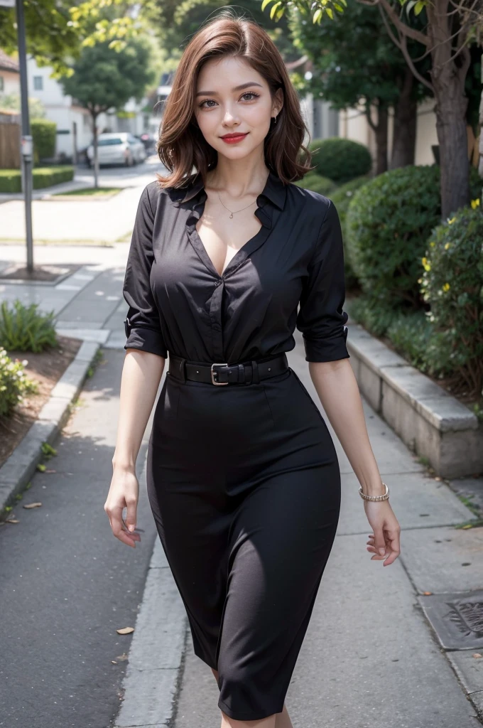 warm smile, (red lips), (best quality:1.2),(master part:1.0), um confiante e carismatica (40 anos) Businesswoman, cabelos vermelhos cacheados acima do ombro (cabelo solto), beautiful face, olhos altamente detalhados e castanhos claros, charismatic and gentle expression, simpatica, walking towards the camera with confident steps, felicidade, simplicidade, otimismo, corpo inteiro, sozinho