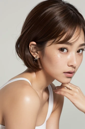 (8k, Realistic:1.4, RAW Photos, Best image quality: 1.4), One Japanese woman, Around 60 years old, Eat a normal sized banana, Off-the-shoulder tops, Dark Room, night, 6. Cleavage:1.4, Chest to chest, Sleepy expression, double eyelid, Half-open eyes, Round Nose, Thick eyebrows, Thick lips, Light brown hair, Short Hair, Sporty hairstyle, Wearing earrings, Cover your ears with your hair, freckles