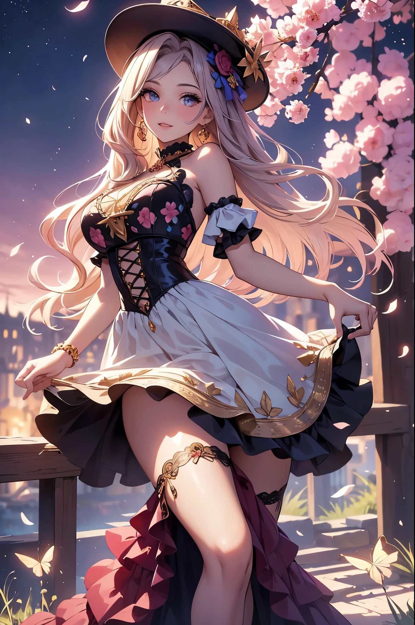 (best quality,4k,8k,highres,masterpiece:1.2),ultra-detailed,(realistic,photorealistic,photo-realistic:1.37),acrylic painting,beautiful Spanish model in a Lolita dress with downy hair,beautiful Spanish model with extremely colorful hair and detailed facial features,beautiful Spanish model standing in a beautiful garden surrounded by a starry sky,beautiful Spanish model wearing a vibrant Lolita dress,beautiful Spanish model with intricate accessories and a matching hat,beautiful Spanish model posing gracefully with her hands on her hips,beautiful Spanish model with long flowing twintails,beautiful Spanish model with bright blue eyes and rosy lips,beautiful Spanish model with a joyful expression,beautiful Spanish model in a dynamic pose with cherry blossoms falling around her,beautiful Spanish model surrounded by colorful flowers and butterflies,beautiful Spanish model's dress adorned with cute bows and lace details,beautiful Spanish model with an enchanting smile,beautiful Spanish model with soft, pastel-colored shading,beautiful Spanish model with a magical glow illuminating her,beautiful Spanish model in a picturesque setting with a winding path leading to a magnificent castle,beautiful Spanish model holding a microphone and singing passionately,beautiful Spanish model with a fairytale-like background,beautiful Spanish model with a soft, dreamy atmosphere,beautiful Spanish model with a subtle bokeh effect,beautiful Spanish model standing under a moonlit sky,beautiful Spanish model with a warm, golden sunset in the background,beautiful Spanish model surrounded by twinkling stars and colorful nebulae,creating an ethereal and captivating artistic masterpiece.