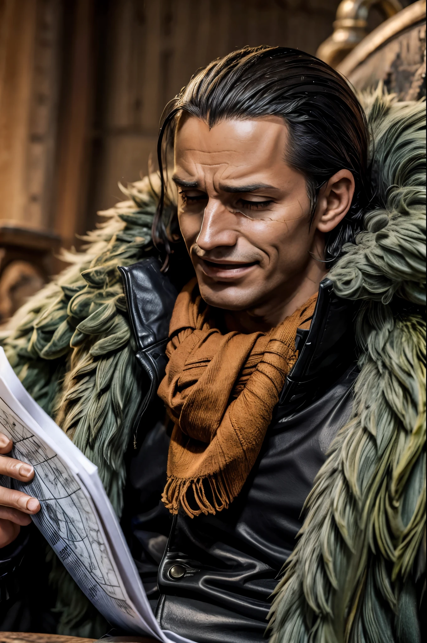 masterpiece, best quality, extremely detailed, hyperrealistic, photorealistic, a cool 40s man, ultra detailed face:1.2, fur-trimmed coat, scarf around the neck, holding a paper map:1.2, on pirate ship, laughing:1.1
