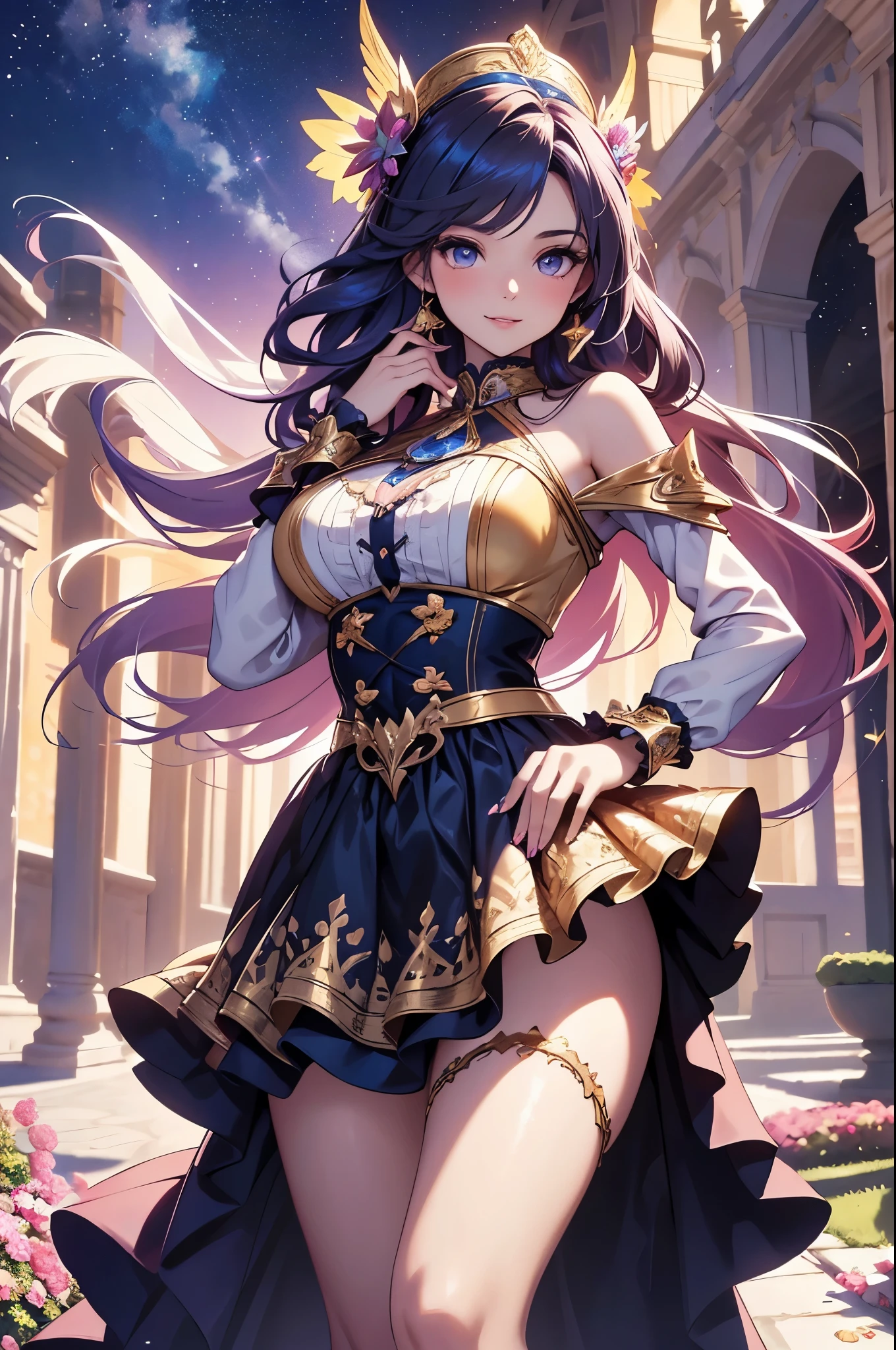 (best quality,4k,8k,highres,masterpiece:1.2),ultra-detailed,(realistic,photorealistic,photo-realistic:1.37),acrylic painting,beautiful Spanish model in a Lolita dress with downy hair,beautiful Spanish model with extremely colorful hair and detailed facial features,beautiful Spanish model standing in a beautiful garden surrounded by a starry sky,beautiful Spanish model wearing a vibrant Lolita dress,beautiful Spanish model with intricate accessories and a matching hat,beautiful Spanish model posing gracefully with her hands on her hips,beautiful Spanish model with long flowing twintails,beautiful Spanish model with bright blue eyes and rosy lips,beautiful Spanish model with a joyful expression,beautiful Spanish model in a dynamic pose with cherry blossoms falling around her,beautiful Spanish model surrounded by colorful flowers and butterflies,beautiful Spanish model's dress adorned with cute bows and lace details,beautiful Spanish model with an enchanting smile,beautiful Spanish model with soft, pastel-colored shading,beautiful Spanish model with a magical glow illuminating her,beautiful Spanish model in a picturesque setting with a winding path leading to a magnificent castle,beautiful Spanish model holding a microphone and singing passionately,beautiful Spanish model with a fairytale-like background,beautiful Spanish model with a soft, dreamy atmosphere,beautiful Spanish model with a subtle bokeh effect,beautiful Spanish model standing under a moonlit sky,beautiful Spanish model with a warm, golden sunset in the background,beautiful Spanish model surrounded by twinkling stars and colorful nebulae,creating an ethereal and captivating artistic masterpiece.