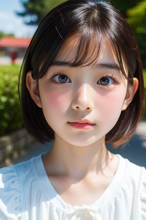 (Beautiful 14 year old Japanese female), cute face, (deeply carved face:0.7), (freckles:0.6), soft light,healthy white skin, shy, bob, (serious face), (sparkling eyes), thin