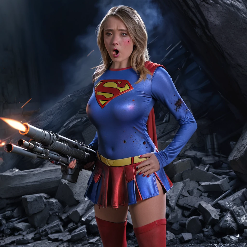 (Show all of Super Girl, head to toe, full body shown) (Extreme complexity, multiple subjects. Focus on Super Girl) (best quality,4k,highres,masterpiece:1.2),ultra-detailed,realistic,portraits,vivid colors,dramatic lighting,(subject 1: Supergirl,annoyed,tattered uniform (scorched, many holes) ,ragged uniform,smoking crater,offended,shocked), (Subject 2: attacking alien robot gorilla, rocket launcher) Please make sure your output is separated by commas.","Separated。The following is an example for reference: ``` (best quality,4k,highres,masterpiece:1.2),ultra-detailed,realistic,portraits,vivid colors,dramatic lighting,(subject 1: Supergirl,annoyed,tattered uniform,ragged uniform,smoking crater,offended,shocked), (subject 2: attacking alien robot gorilla, rocket launcher)